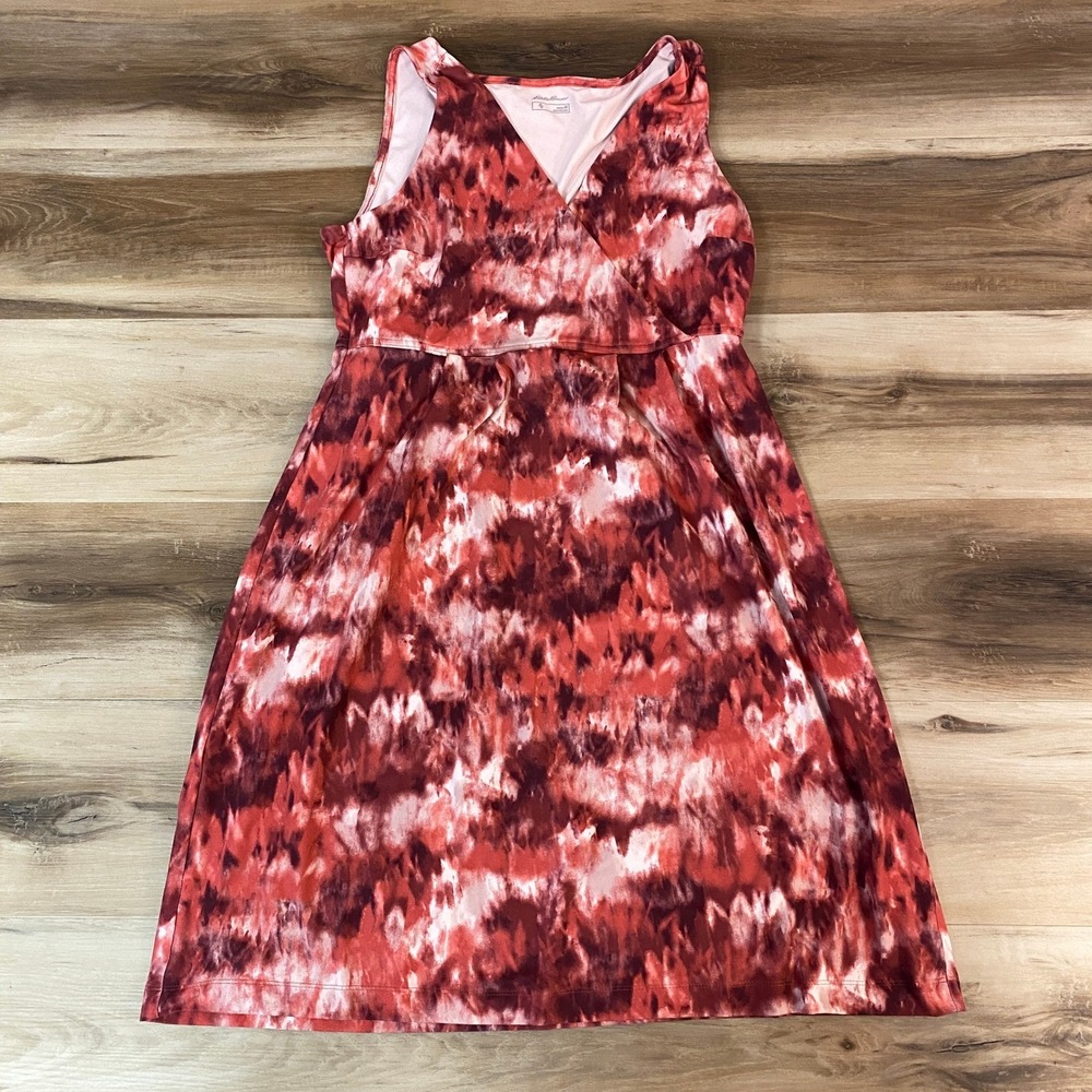 Eddie Bauer Womens Medium Tie Dye Sleeveless Wrap V Neck Red Pink Sun Dress